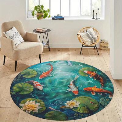 Crystal Velvet Carpet1pc Koi Fish Round Area Mat - 2D Flat Print, Non-Slip Rubber Backing, Hand Wash Only, Vibrant Water Lily Po