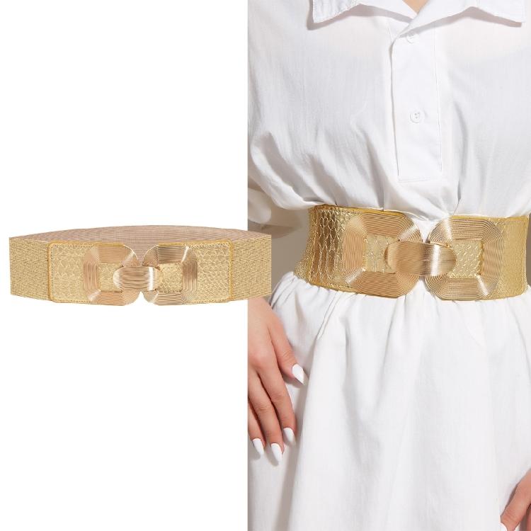 Simple Elastic Wide Waist Belt For Women Gold Metal Hook Buckle Waistband For Everyday Wear Formal Outfit All Matching