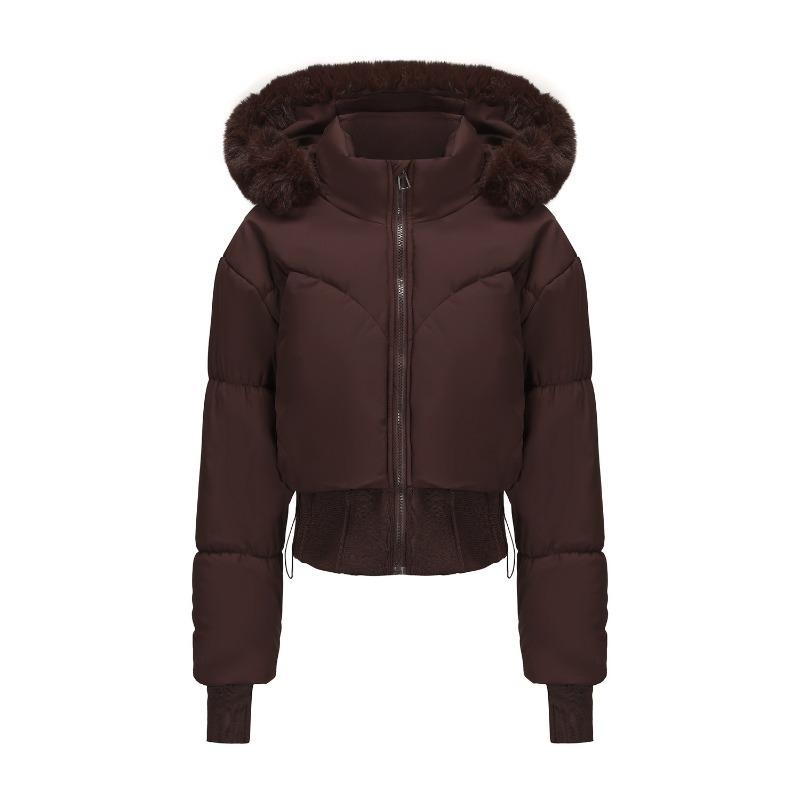 Inverno Giacca Corta Imbottita in Cotone con Cappuccio e Grande Collo in Pelliccia da Donna, Spessa e Calda, con Design in Vita