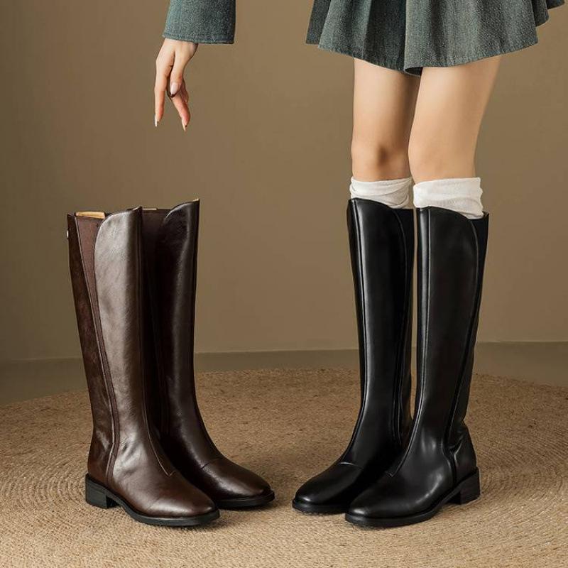 New Medium Heel Large Size Women's Boots Solid Color Rear Zipper Square Heel Comfortable Leather Fashion Boots Square Head Cowhide High Boots