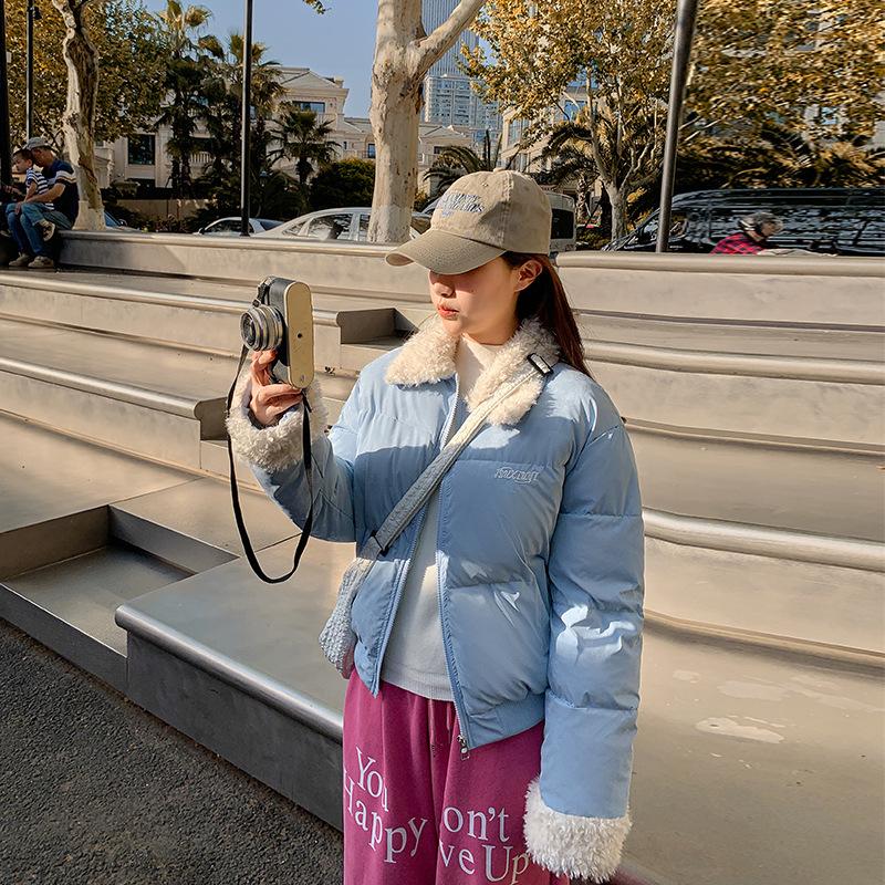 

Зимняя новая одежда из хлопка с лацканами из овечьей шерсти, женская ретро короткая хлопковая одежда, одежда-хлеб, студенческие пальто, тренд XXL светло-синий