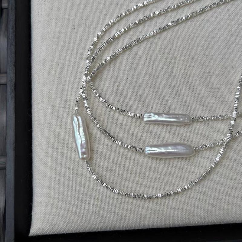 Alien-shaped Freshwater Pearl Small Silver Strip Pearl Necklace, Silver-plated Broken Silver, Luxury Casual Collar Chain
