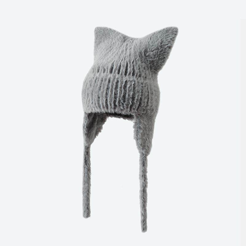 Korean New Hat for Women's Autumn and Winter Solid Color Knitted Wool Hat Cute Cat Ears Winter Warm Ear Protection Hat