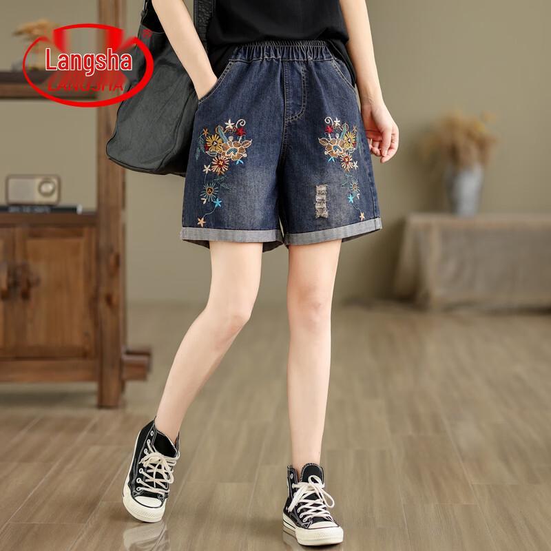 

LangSha Women s Embroidered Wide-Leg Denim Shorts M