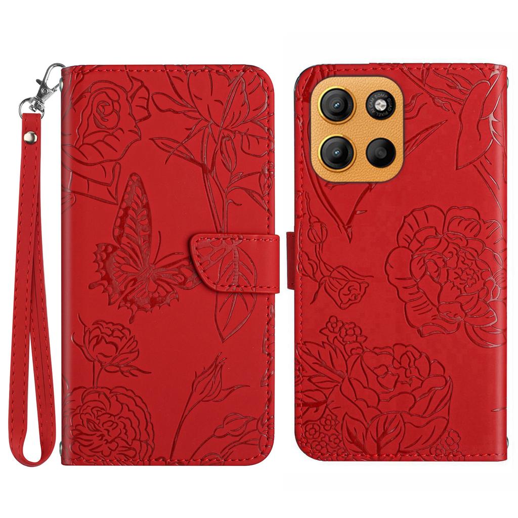 For Motorola Moto G15 4G Case Leather Phone Cover with Strap,Butterfly Flower Imprint