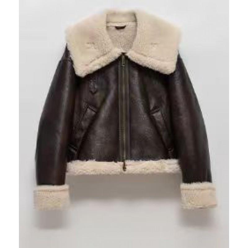 Womens Faux Fur Leather Jacket Streetwear Zip-Up Short Coat Oversized Fit