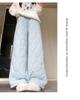 Women's Black Thick Lambswool Cotton Patchwork Wide-Leg Pants - Autumn/Winter Warm Velvet Plush, Straight-Leg Style