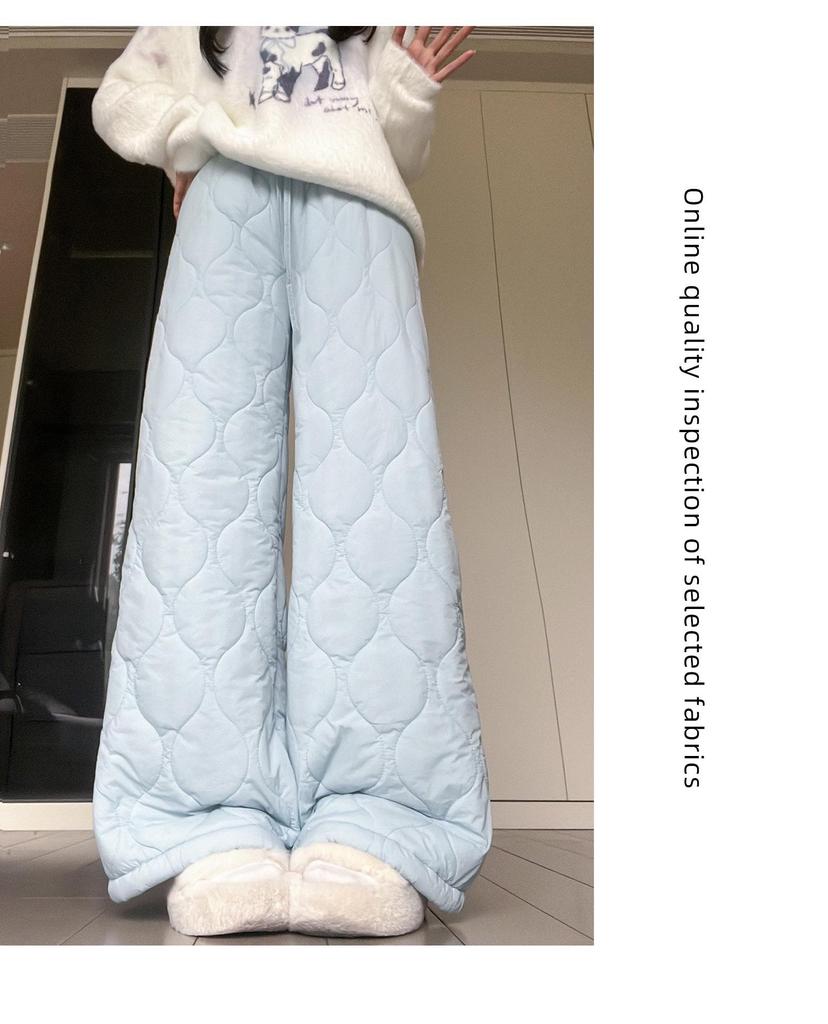 Women's Black Thick Lambswool Cotton Patchwork Wide-Leg Pants - Autumn/Winter Warm Velvet Plush, Straight-Leg Style