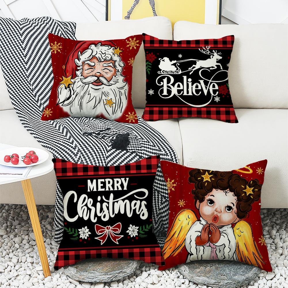 Santa Elk Cushion Cover Red Plaid Little Angel Print Cushion Cover Holiday Sofa Cushion Cover