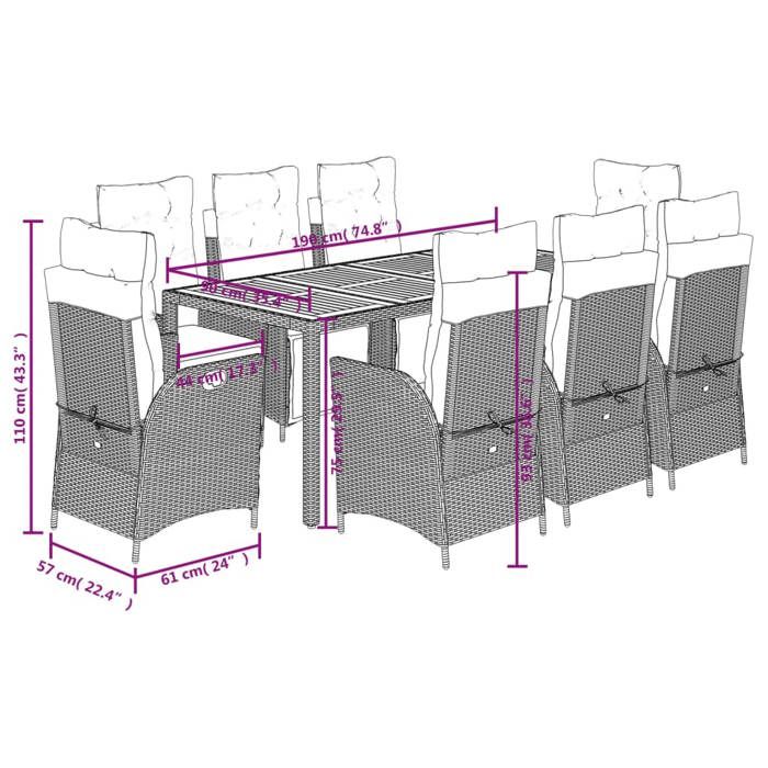 VidaXL 9-Piece Garden Dining Set with Cushions, Table and Chairs with Adjustable Backrest, Outdoor Furniture, 3213343