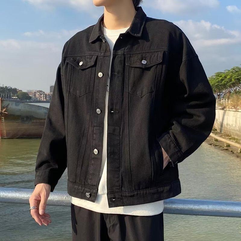 Men s Oversized Denim Jacket Casual Pocket Detail Button Down Streetwear Outerwear S чёрный