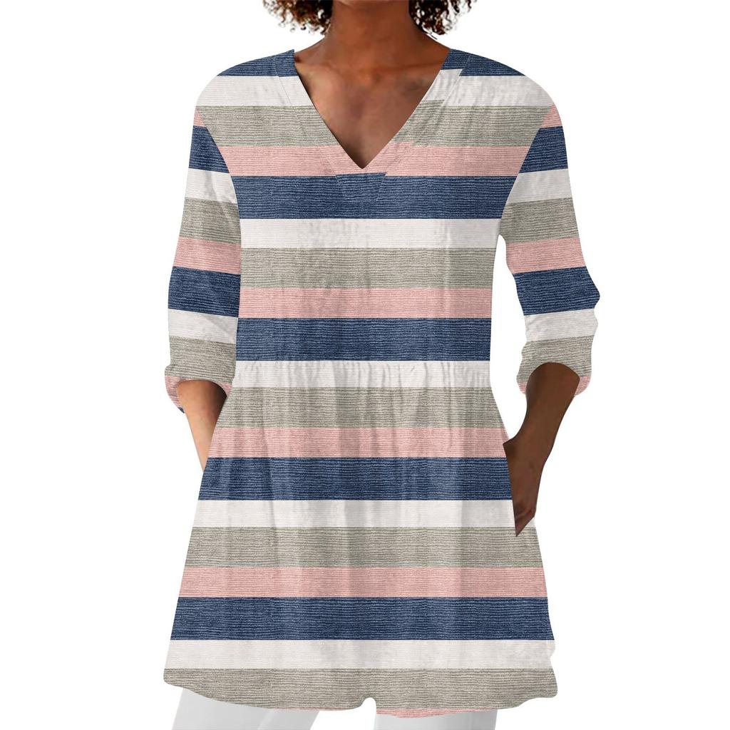 Women's Fashion Printed V Neck 3/4 Sleeve Pocket Casual Loose Fit Pullover Shirt Top