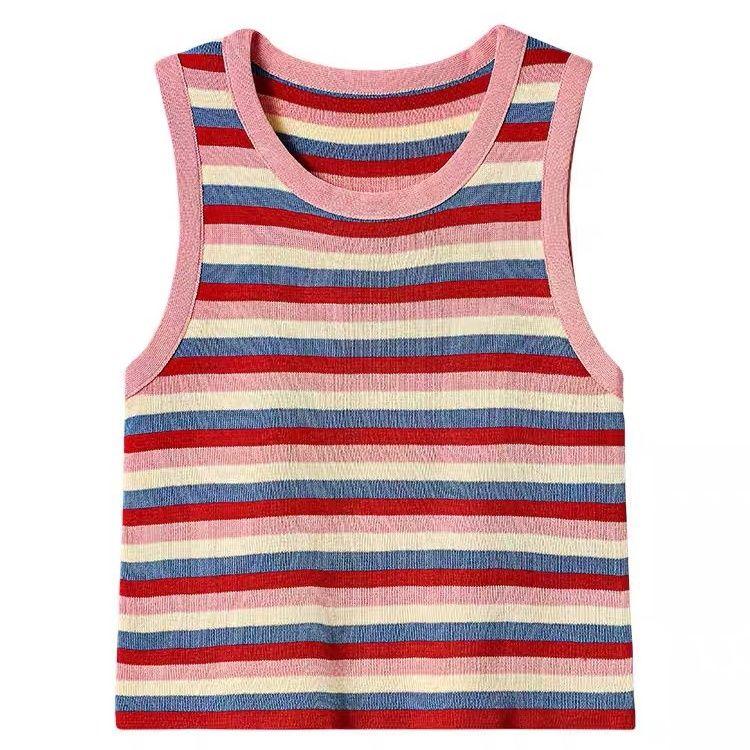 Women's Dopamine Rainbow Stripe Camisole Knit Top Summer Gorgeous Beautiful High-end Sleeveless Small Vest Outer Wear