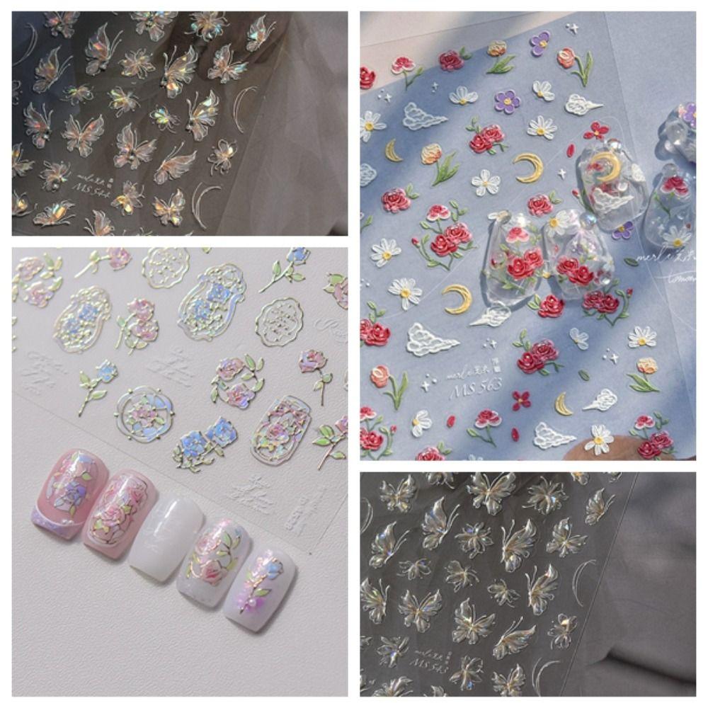 Self Adhesive Flower Nail Stickers 5D Nail Decals DIY Shell Light Nail Stickers Women