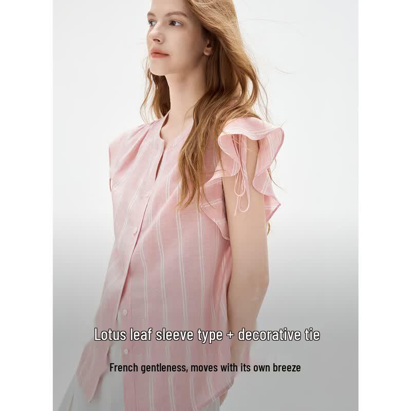ELLE Women's Lyocell-Linen Ruffle V-Neck Blouse