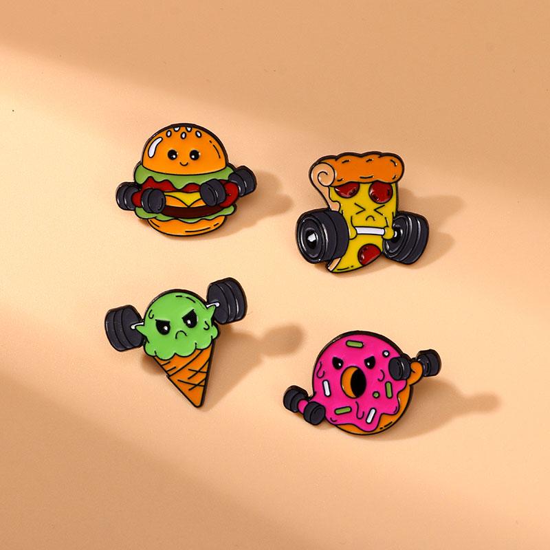 New Statement Fitness Food Man Collection Enamel Brooch Pizza Ice Cream Barbell Hamburg Donut Dumbbell Pins