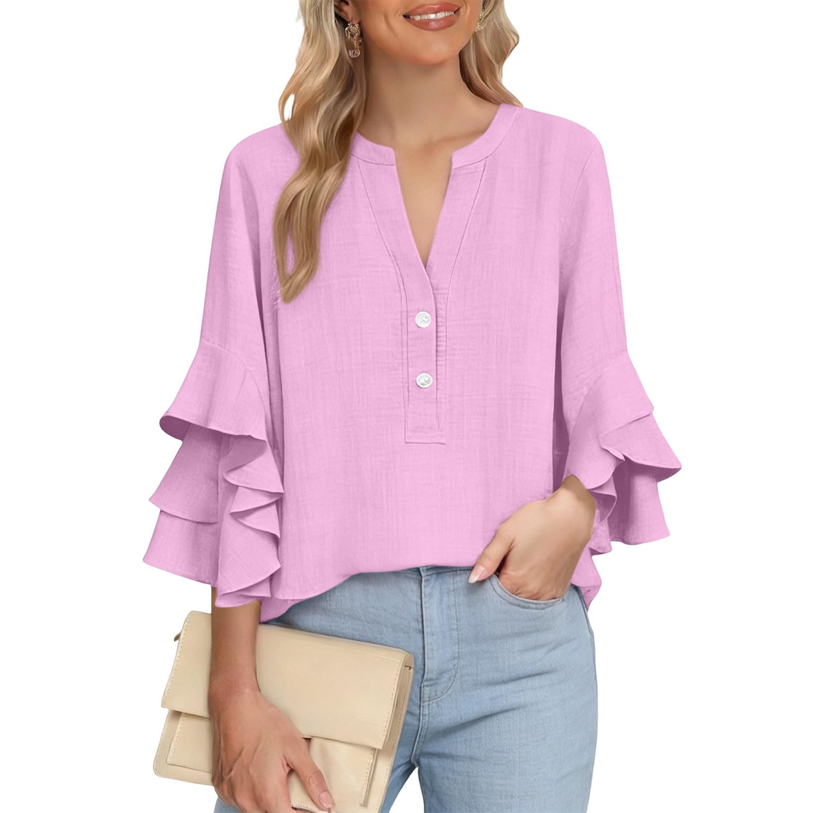 

3/4 Ruffle Sleeve Tops Cotton Linen V Neck Blouses Casual Dressy Elegant Shirts Bebonnie Beach Tees XL рожевий