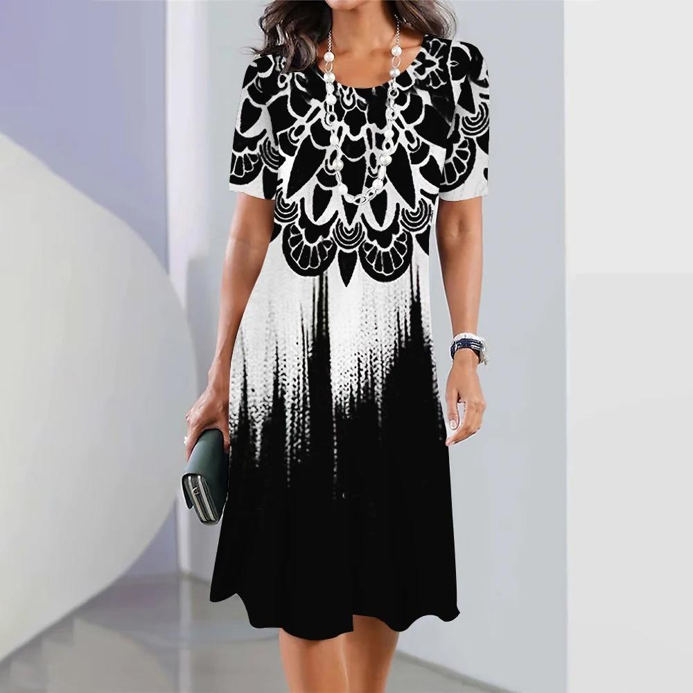 Elegant Fashion Short Sleeve T-shirt Dress Beach Vacation Midi Dresses Women 3d Print Clothing