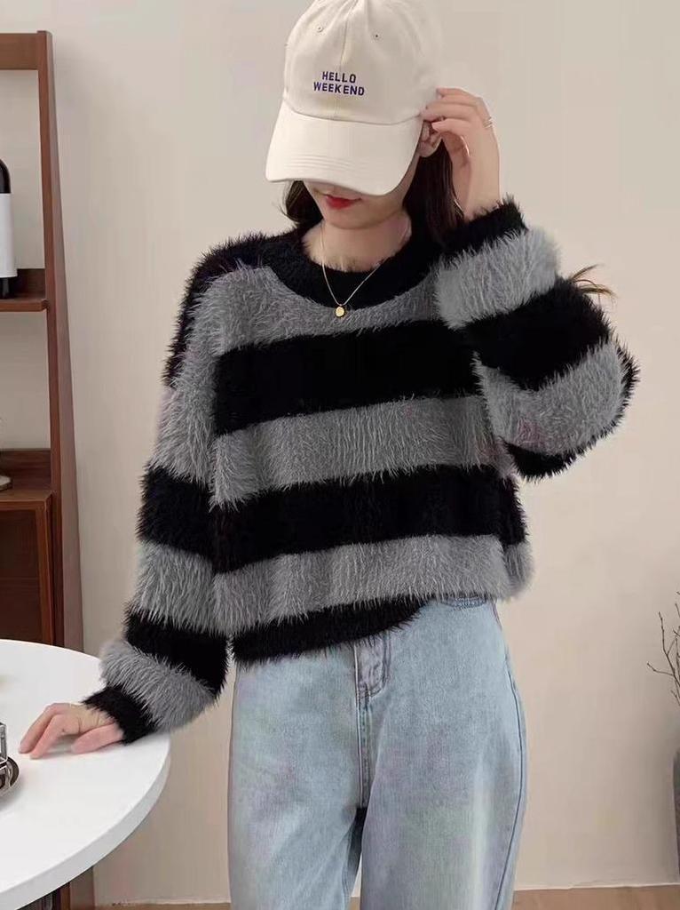 2024 Autumn/Winter Women's Korean Color Block Striped Round Neck Knit Sweater - Loose Fit Fashion Pullover