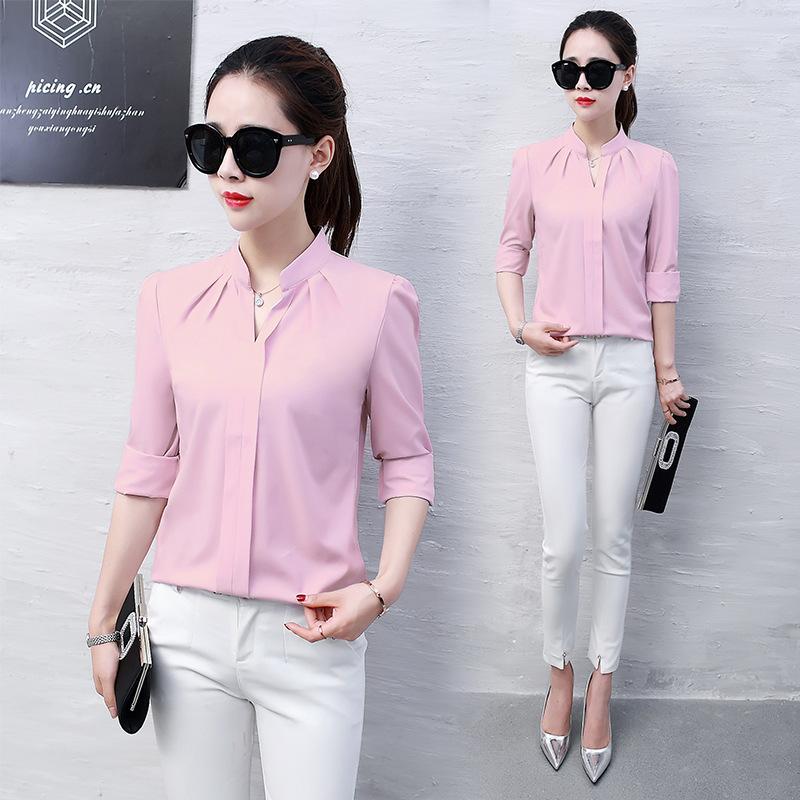 Long Sleeve Shirt Women Spring Autumn Clothing Fashion Slim Blouse V Neck Korean Elegant Ladies Office Shirts White Red