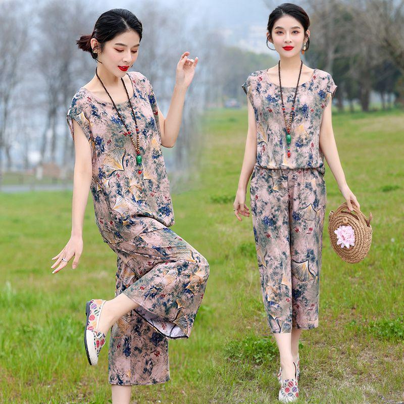 Cotton Silk Two Piece Set Womens Summer Outfit Loose Short Sleeve T-shirt and Pants Casual Trendy Plus Size