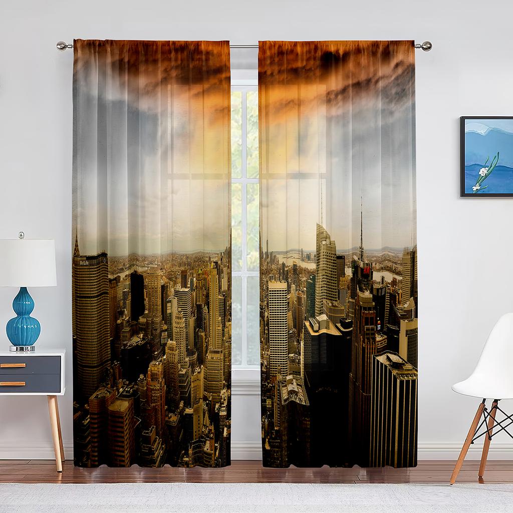 Pejzaż miejski Budynki biznesowe Sylwetki Miasto Tiulowe Zasłony do Dekoracji Salonu Sypialni Przezroczysta Woalowa Zasłona Okienna