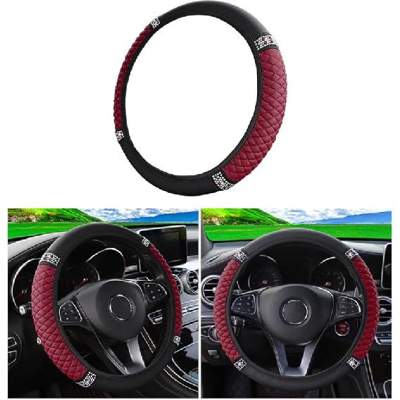 Bling Car Steering Wheel Cover, 15 Inch Rhinestones Soft Leather Elastic Steering Wheel Protector, Sparkly Crystal Diamond For Women Girls, Car