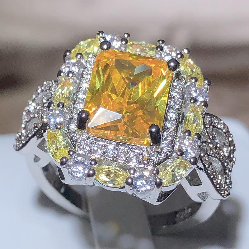 Gorgeous Square Yellow CZ Women Ring Bright Vintage Party Female Elegant Accessories High Quality Jewelry