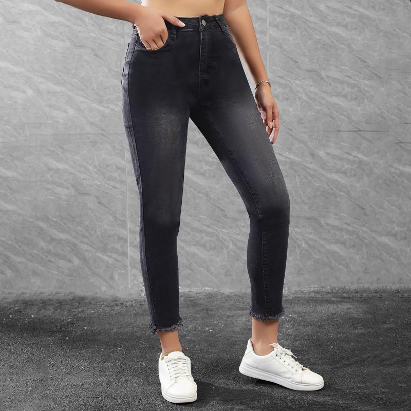 

Women s Jeans Stretch High-waist Black Pants Simple Slim Skin-looking With Rough Edges Suitable All Seasons L чёрный