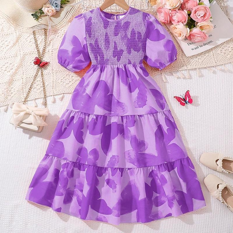 

Girl Short Sleeves Floral Print Dress Children Kid Casual Summer Beach Sundress Princess Dresses Clothes фиолетовый