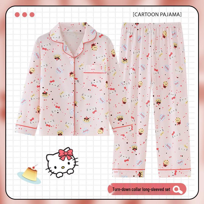 Children's Cartoon Print Pajama Set - Long Sleeve Cardigan with Turn-Down Collar, Imitation Cotton, for Spring and Autumn