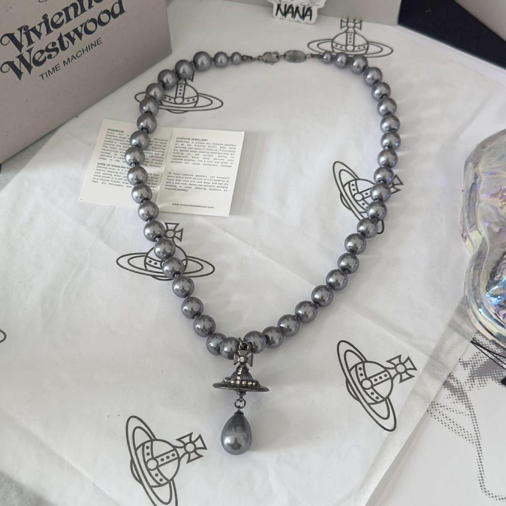 Westwood Saturn Choker Necklace: High Version, Medium Size, Women's 10MM Beads, Logo Clasp.