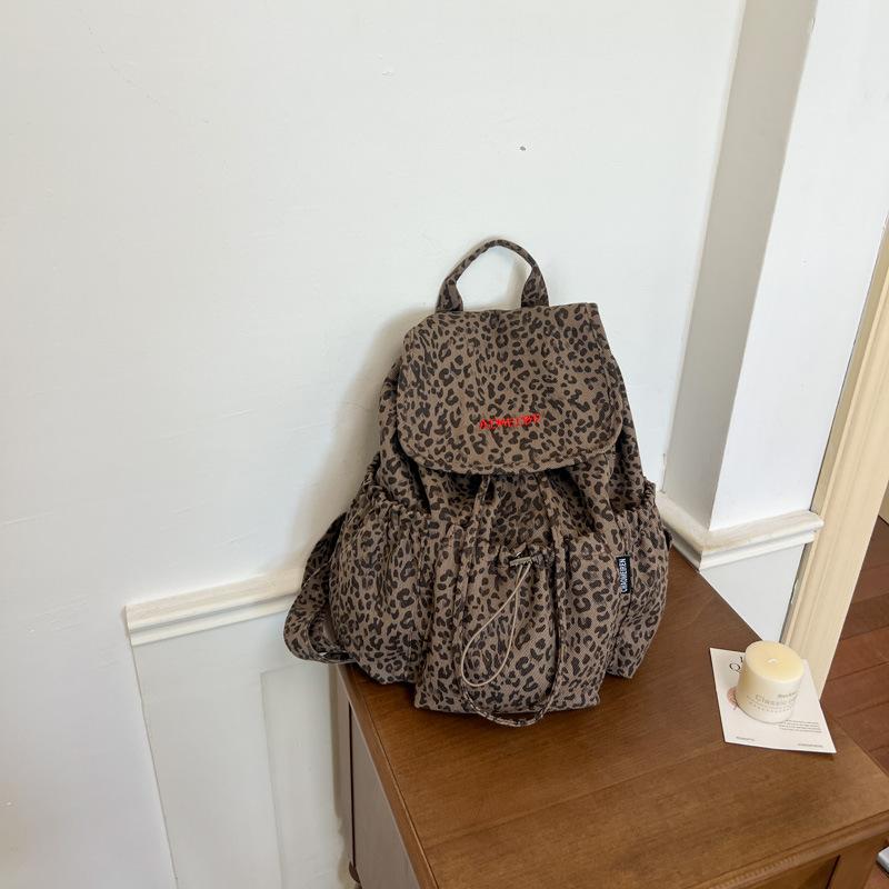 Schoolbag Retro Leopard Print Backpack Bag Women's 1011 Summer New Fashion College Style Canvas Bag Casual Large Capacity Backpack