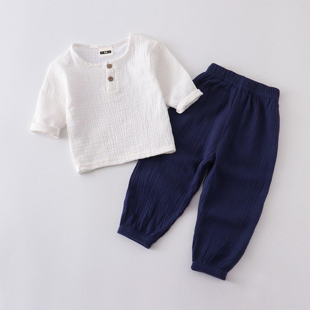 Kids Cotton Linen Long Sleeve Set Spring Summer Outfit Boys Girls Loose Two Piece Pure Color Breathable Comfortable