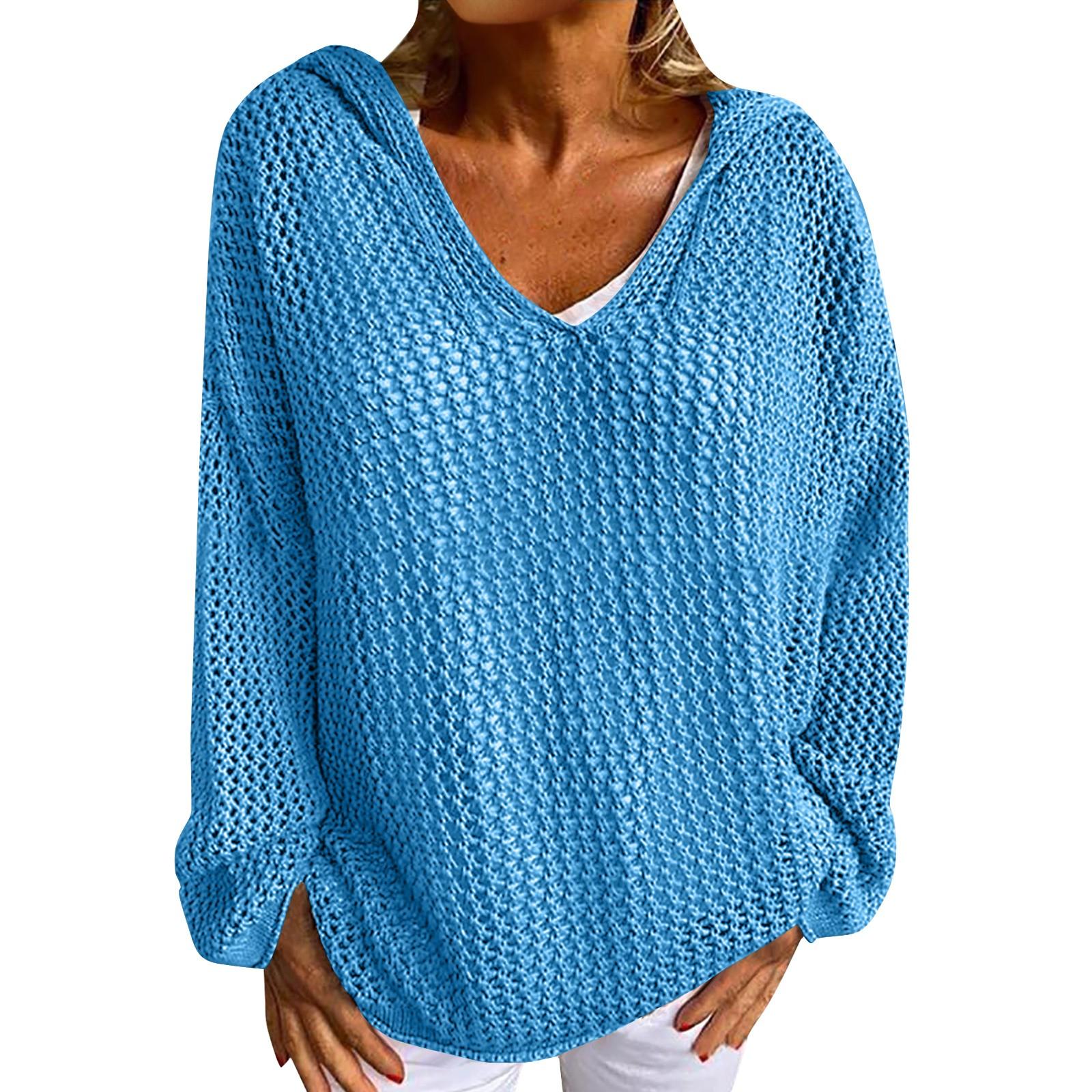 

Женский повседневный модный удобный внешний трикотажный свитер с капюшоном, тонкий свободный, однотонный, с вырезом L синий