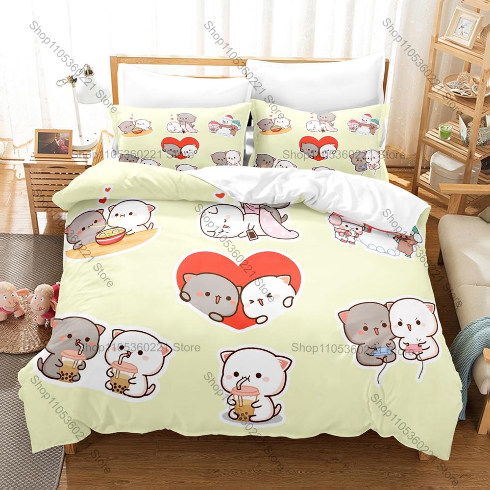 Popular Peach Cat IP Duvet Cover + 2 Pillowcases, Lovely Pink Cat Pattern Bedding Set for Fan Collection