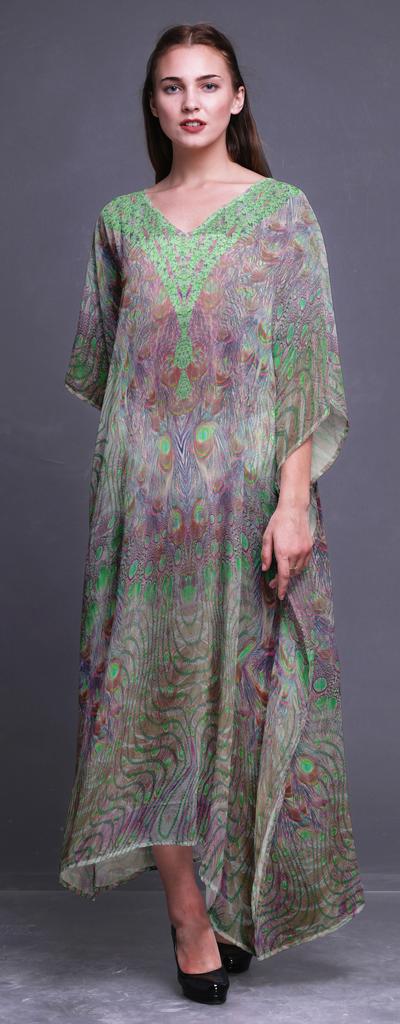 Phagun Peacock Feather Ladies Plus Size Kaftan Summer Wear Beach Coverup Kimono