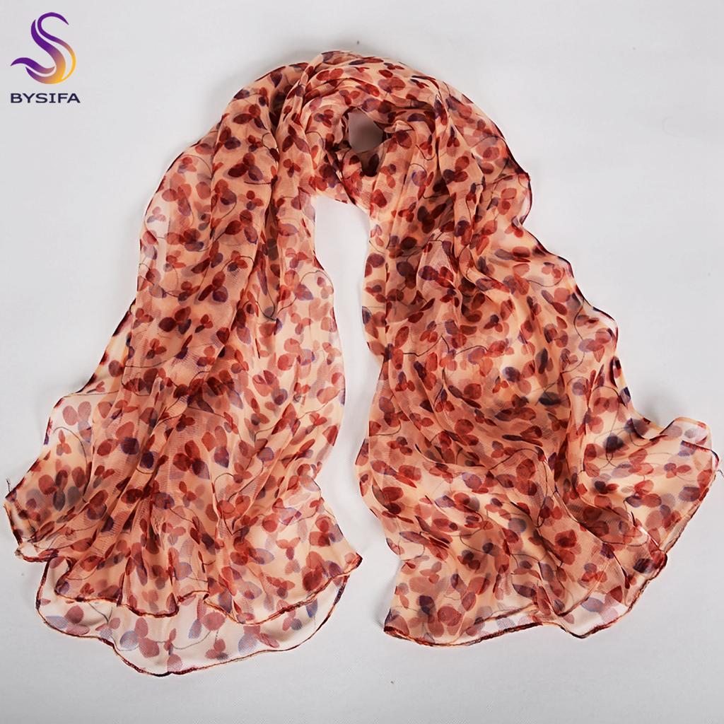 BYSIFA| Beige Pink Women Long 100% Mulberry Silk Scarf Printed Fashion Leave Pattern Brand Spring Ladies Scarves Shawls  170*105
