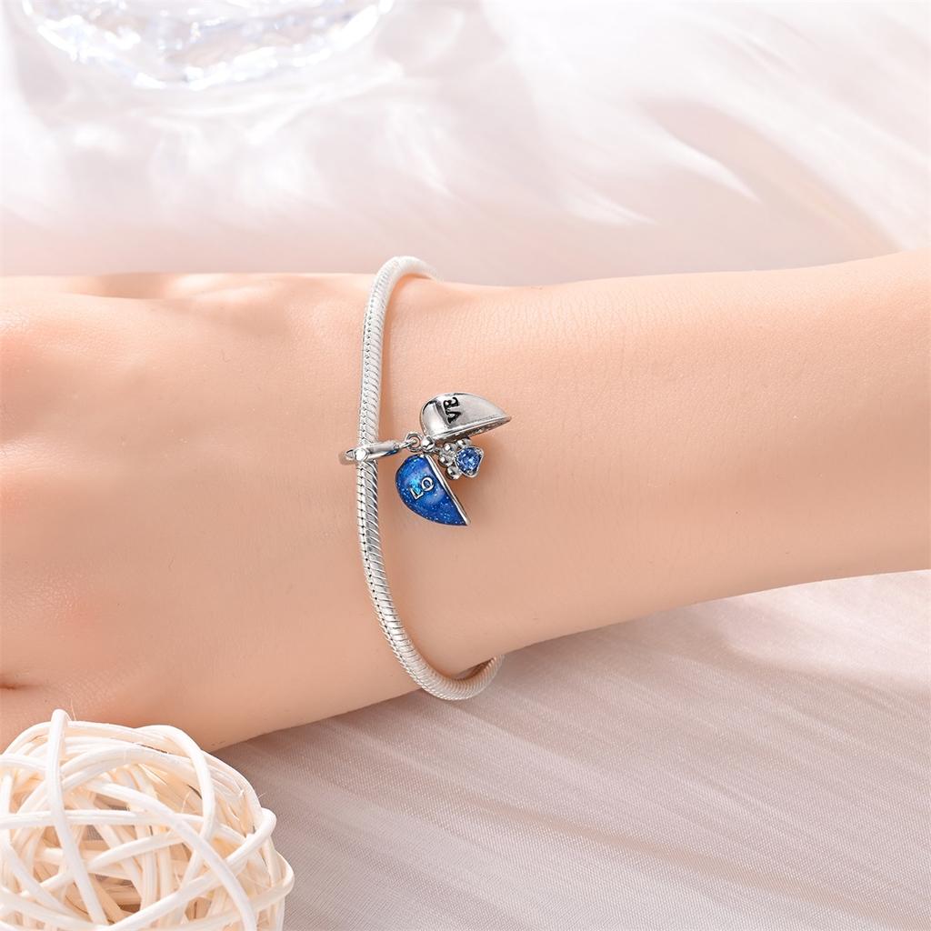 Original Charms Copper Plated Blue Heart Pendant Beads Fit Arm Bracelet Women Fashion Jewelry Making Handmade DIY Gift