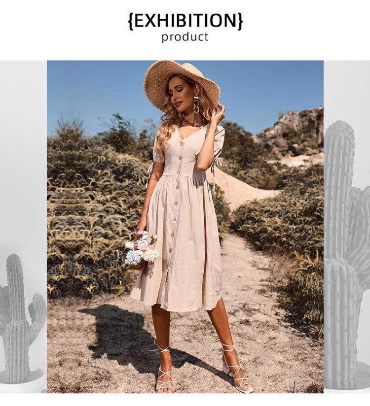 Women's Summer Cotton Linen V-Neck Short Sleeves Buttoned Dress European American Style