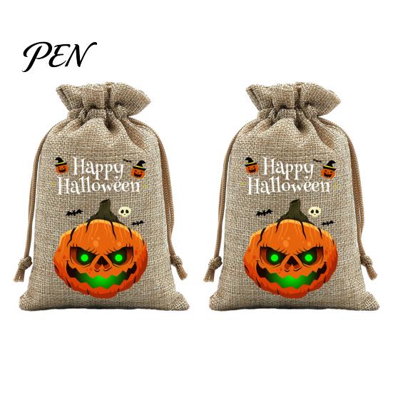 Reusable Gift Packaging 2Pcs Halloween Pumpkin Drawstring Bags for Candy Treats, Retro Burlap Small Storage Candies Trick or Treat Bags, Portable