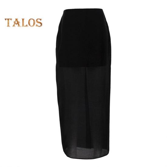 

Женская макси-юбка с высокой талией, сетчатая пряжа, перспективная однотонная юбка с разрезом на бедрах, длинная юбка S чёрный