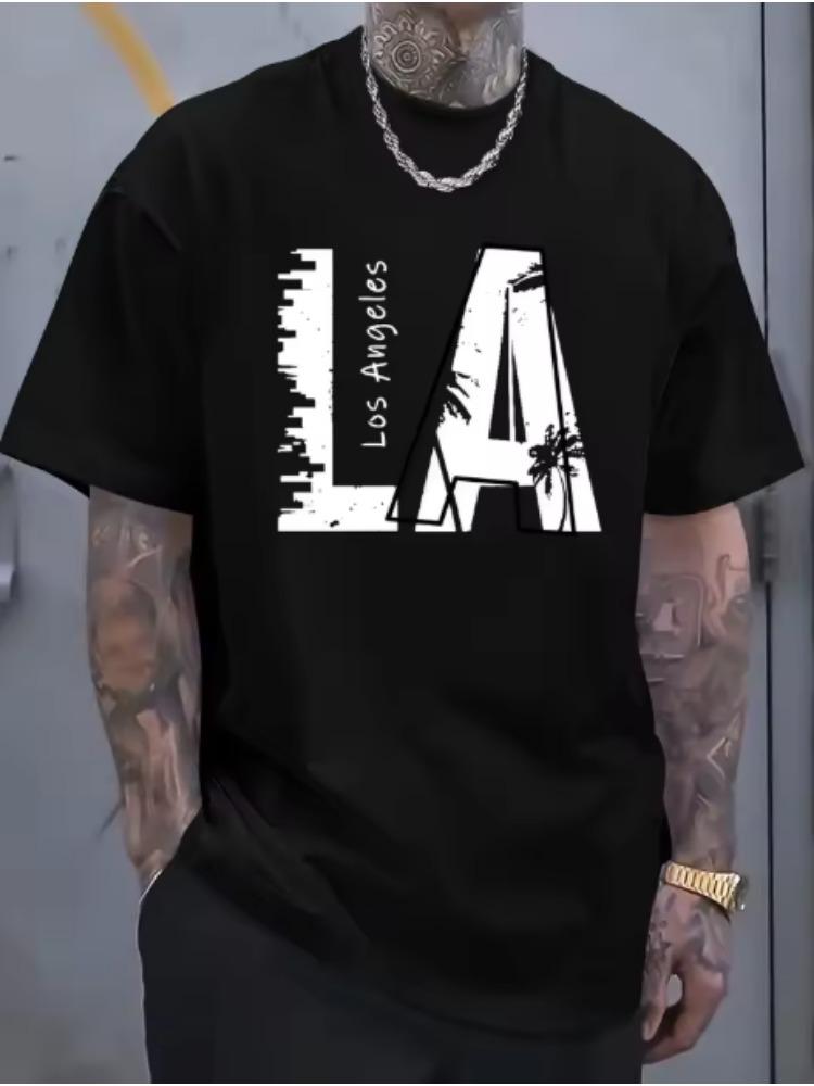 Men's Summer Cotton Fashionable Casual Loose Plus Size Los Angeles Letter Printed Sports Round Neck Short Sleeved T-shirt Soft.
