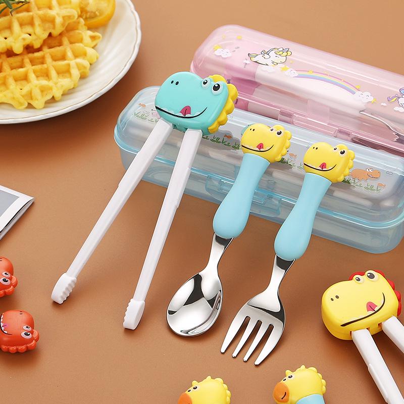 Dinosaur Baby Cutlery Set: 304 Stainless Steel Children's Spoon, Fork, & Training Chopsticks