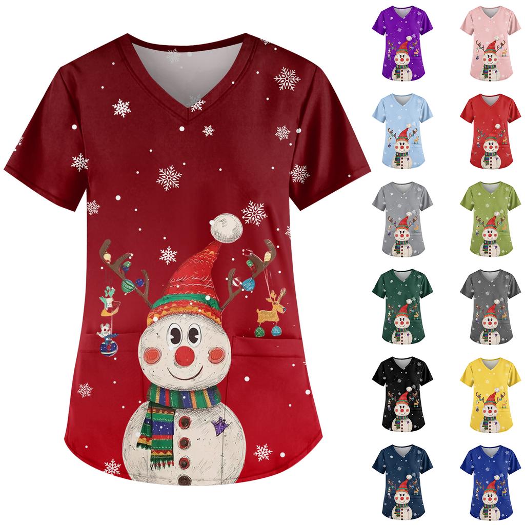 Ladies' Fashionable V-neck Pocket Short Sleeved Christmas Tree Printed Caregiver Uniform
