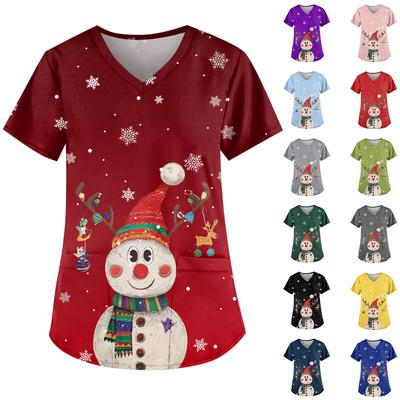 Modny Damski V-neck Kieszeń Krótki Rękaw Z Nadrukiem Choinki Uniform Opiekuna