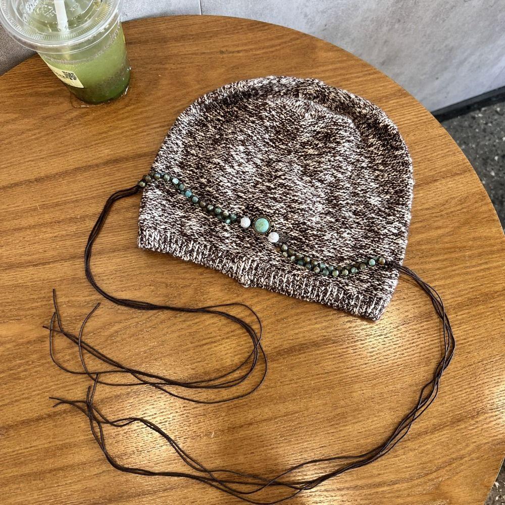 Ethnic Style Bohemian Beanies Hat Coldproof Jacquard Woolen Hat Fashion Beaded Fringed Cap  Female