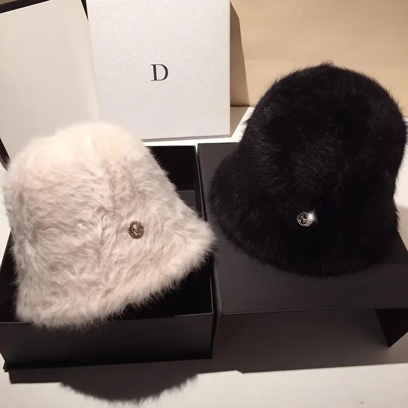 Fashion Designer Letter M Rabbit Fur Bucket Hat Women's Winter Korean Casual Versatile Fluffy Bucket Hat White Warm Basin Hat