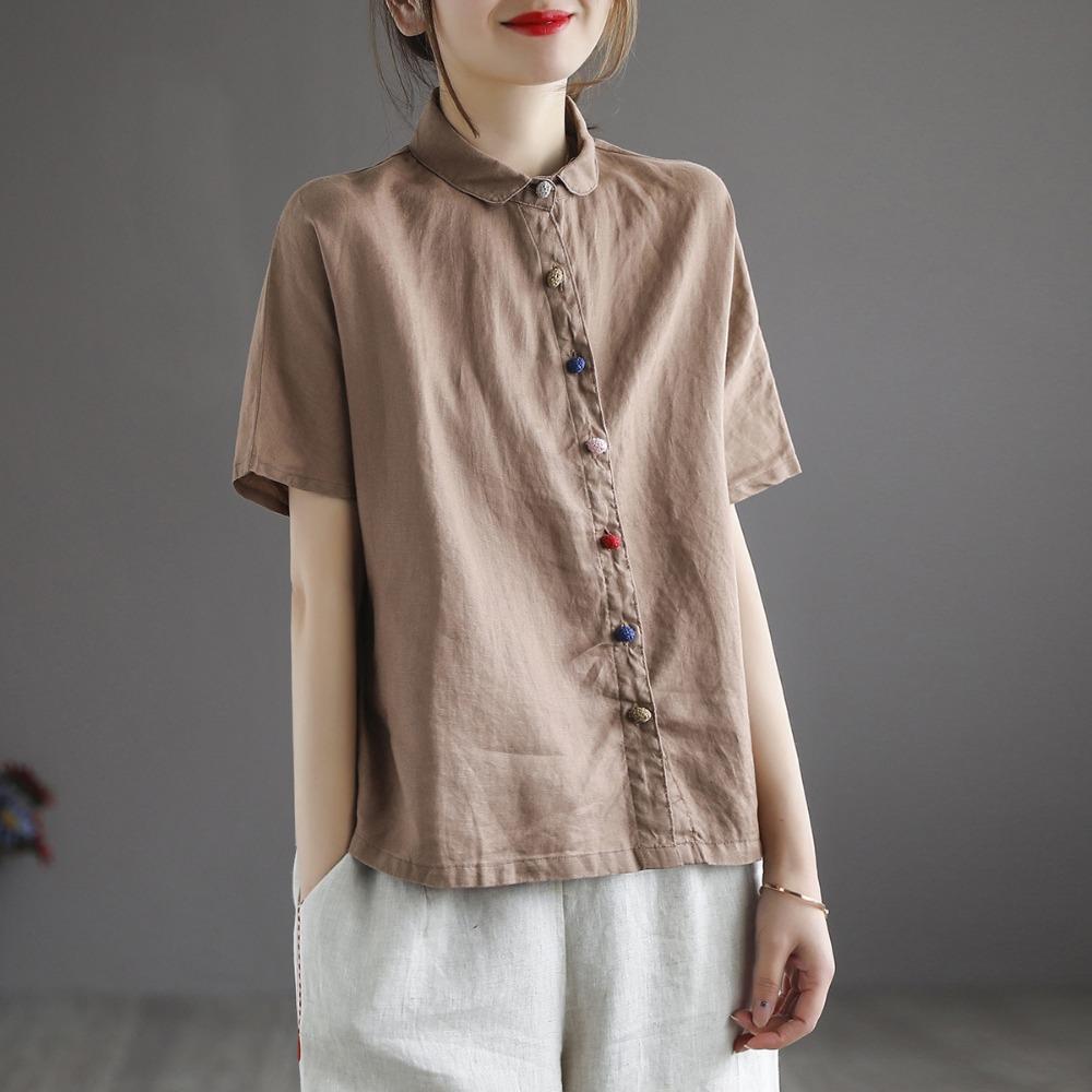

Новинка осени, цветная рубашка на пуговицах с диагональной планкой, льняной трехцветный повседневный свободный топ с короткими рукавами в стиле ретро для женщин M