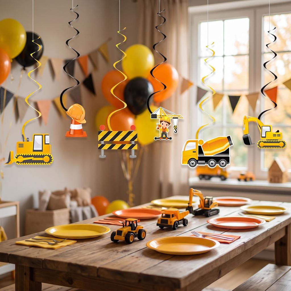 Construction Truck Theme Party Decorations Hanging Swirls for Excavator Party Supplies, 6 Pack